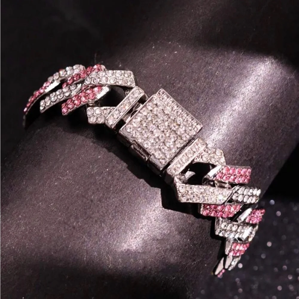 Pink and Silver Pave Cuban Link Bracelet - Women's Jewelry